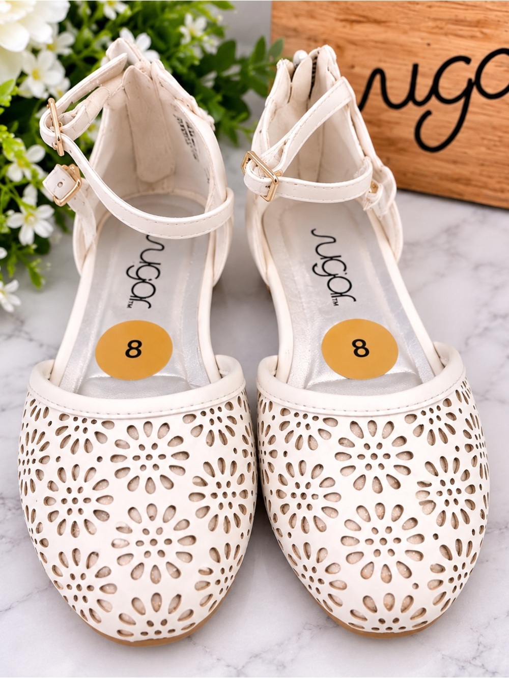 Sugar White Laser-Cut Ankle-Strap Kids Dress Flats